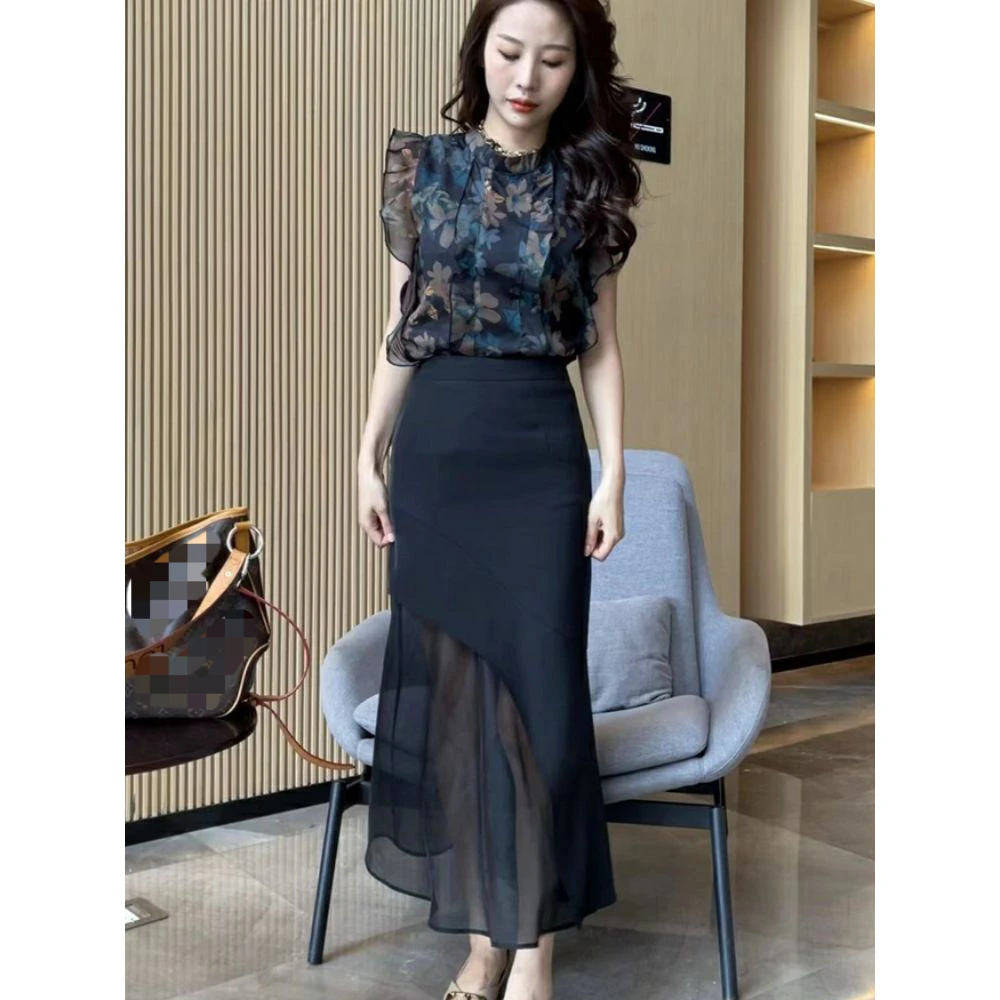 简直好看到炸！自留，无袖印花衬衫+拼接网纱半身鱼女尾裙时尚套装