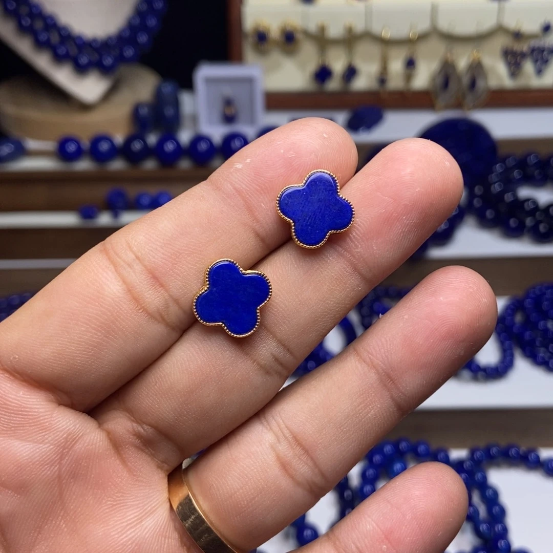 青金石银S925镶嵌耳饰四叶草