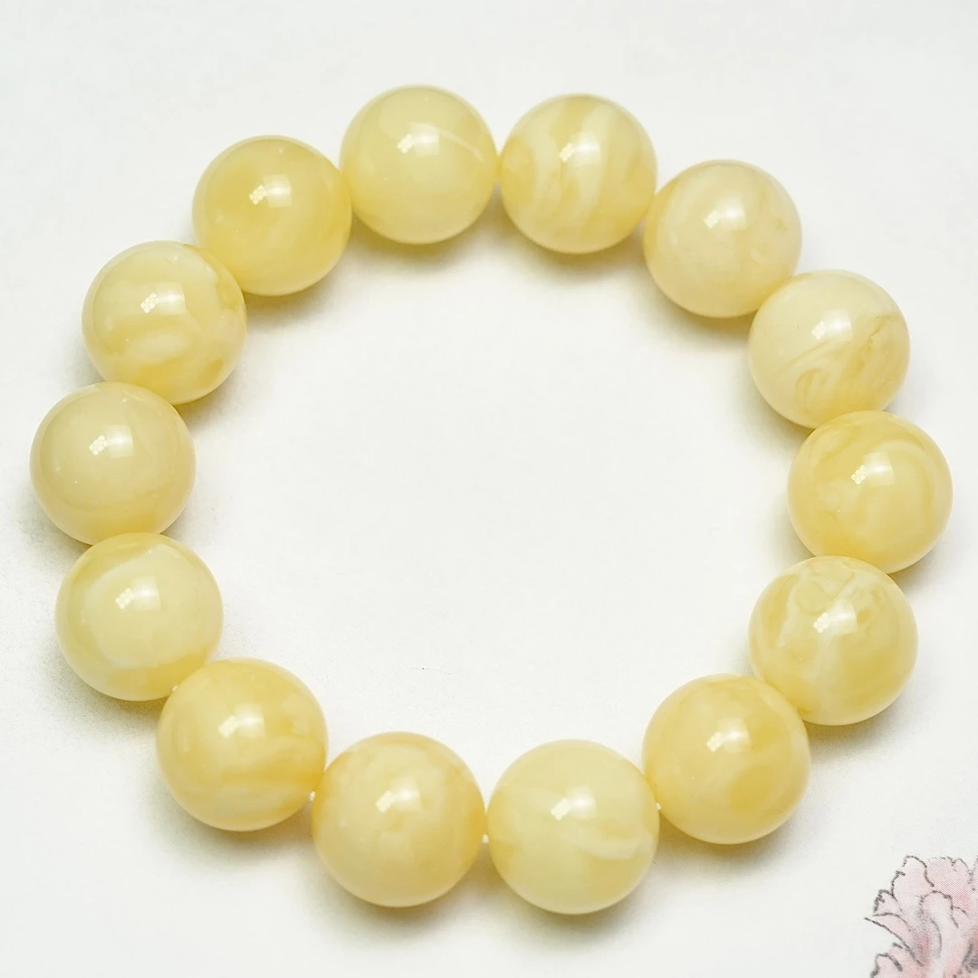 浓黄白花蜡手串14/15/+mm天然原矿俄料黄白花满蜡男女士蜜蜡手串