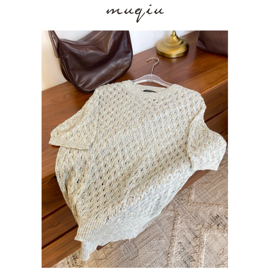 青慕知湫 《海王星》 氛围感艺术画作段染珠片 镂空亚麻棉针织上衣