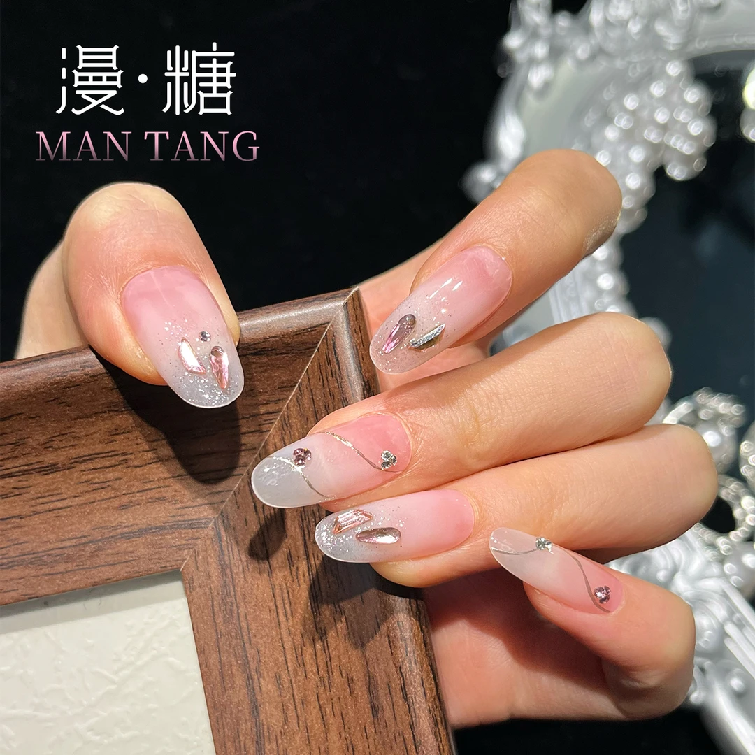 漫•糖【甜桃碎钻】}纯手工穿戴甲腮红猫眼中长款显白靓美甲贴片M28