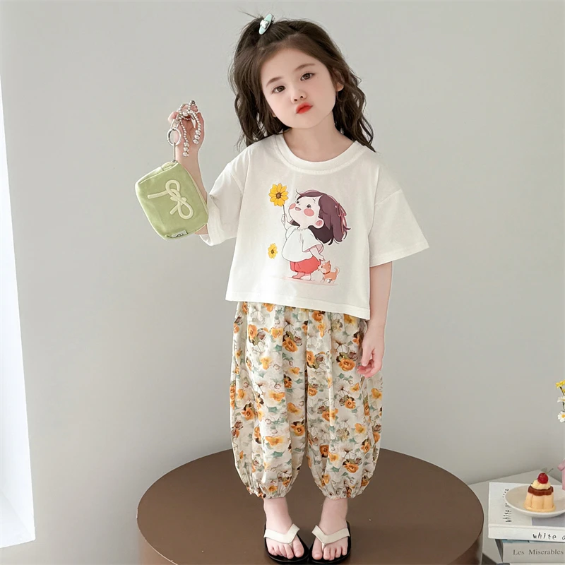 女童夏季套装新款儿童洋气女孩碎花短袖防蚊裤两件套宝宝夏装韩版