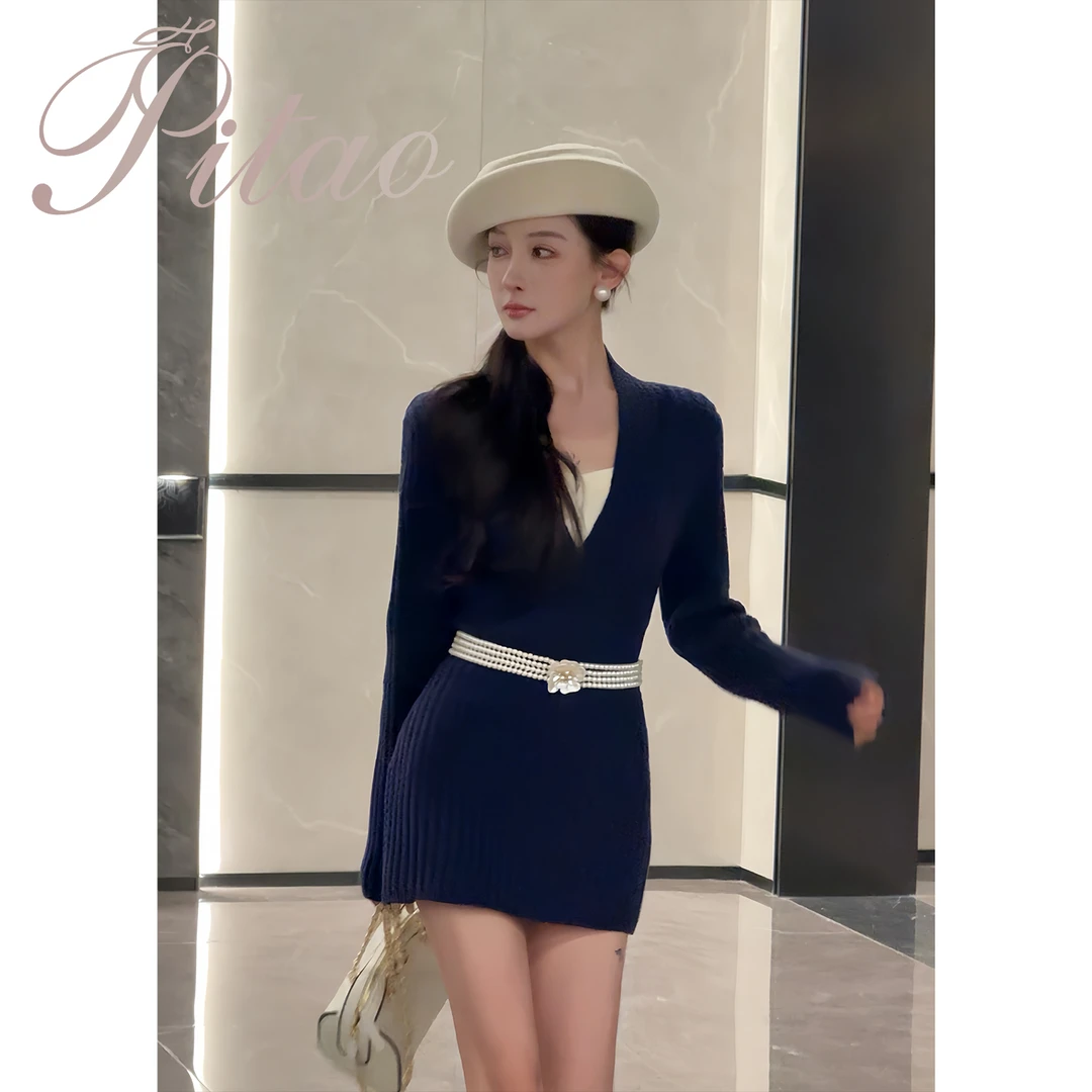 杜屁屁桃PITAO原创【拜托小姐】秋季新款女时尚气质休闲针织连衣裙