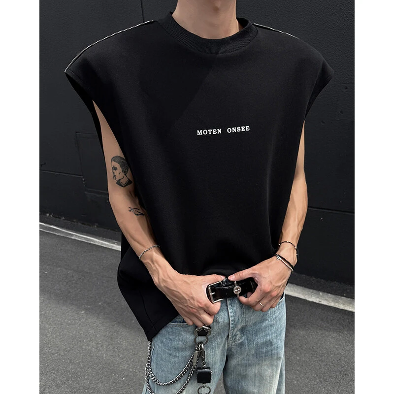 美式高街多拉链无袖T恤男夏季新款潮流痞帅宽松休闲百搭坎肩背心