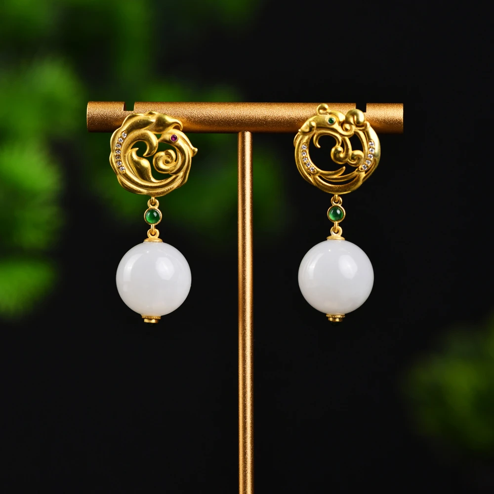 戊申堂珠珠 银鎏金 和田玉耳饰 国风珠宝