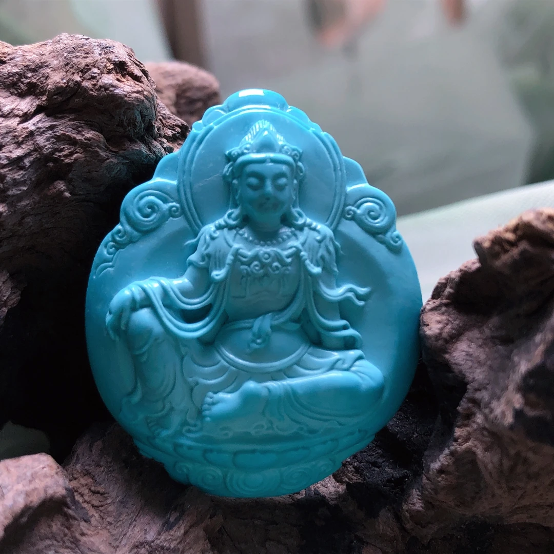 原矿绿松石精工雕刻观音佛像吊坠尺寸：宽30高36.9