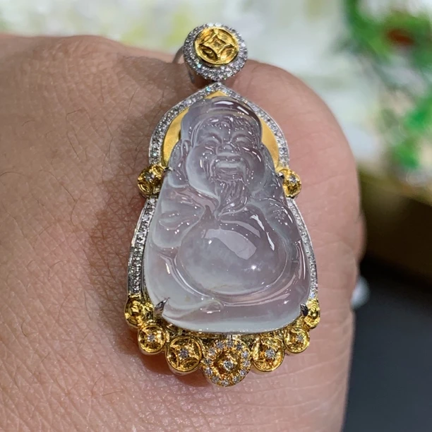尺寸35.8×17.6×9缅甸天然翡翠A货18k金高冰胶白月光财神吊坠