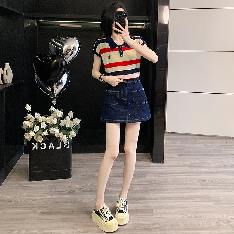 复古港风轻熟气质休闲套裙女洋气减龄条纹短袖上衣牛仔短裙两件套