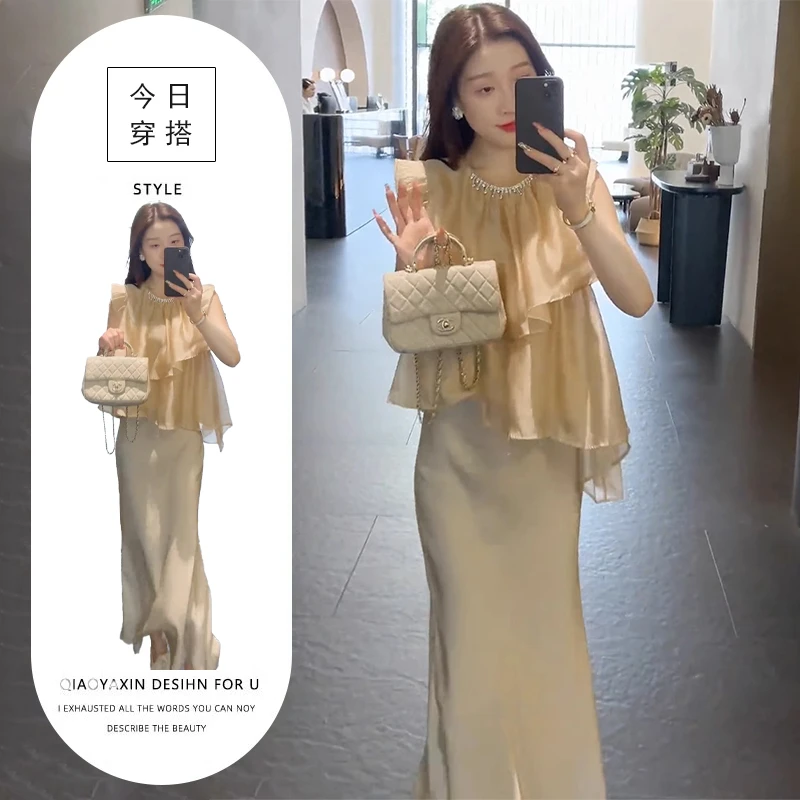 夏装穿搭一整套女2025新款小飞袖雪纺上衣高腰鱼尾裙半身裙两件套