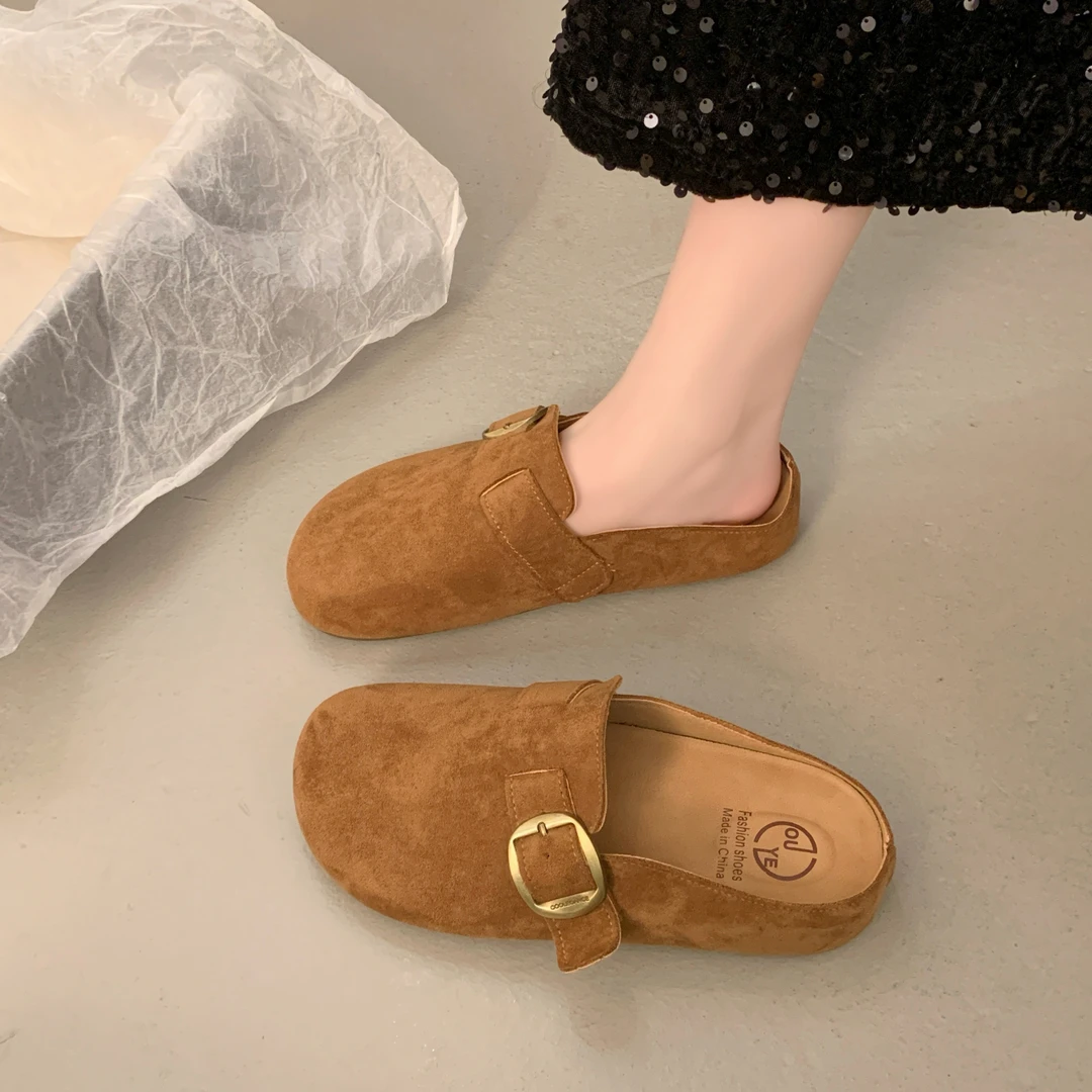 3CM网红包头半拖鞋女外穿2025春季新款百搭皮带扣软底勃肯拖鞋