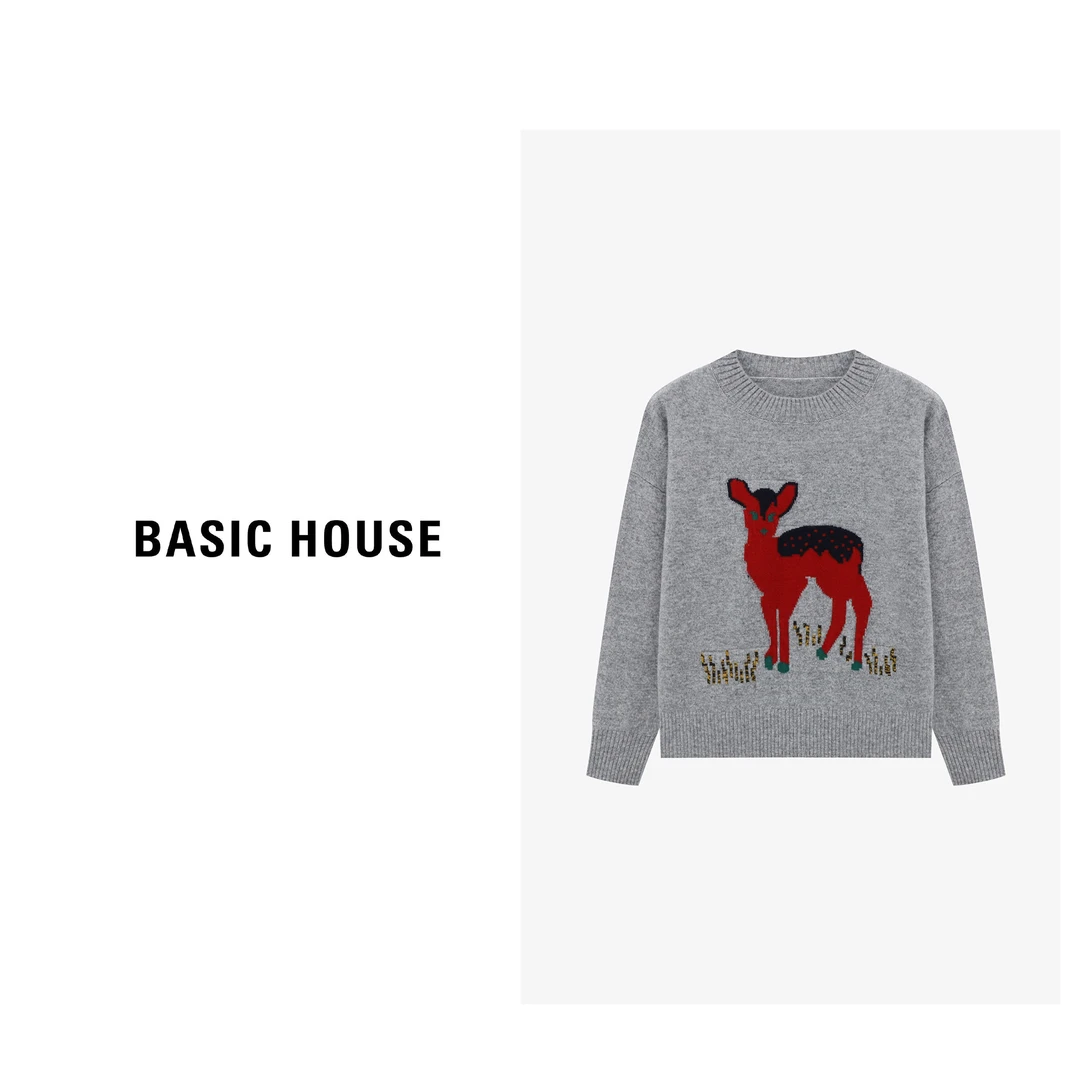 Basic House/百家好针织时尚休闲红色宽松圆领羊毛衫-B06245C5612