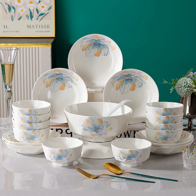 10碗6盘1汤碗1大勺餐具套装家用陶瓷高颜值轻奢碗盘子套装