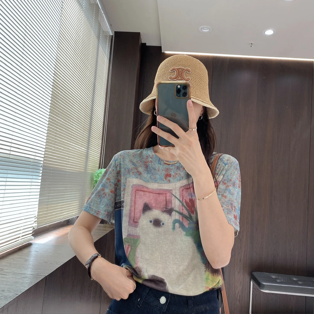 IMFLY金小金自制女装 T恤DYW9336法式撞色晕染猫咪印花轻薄短袖
