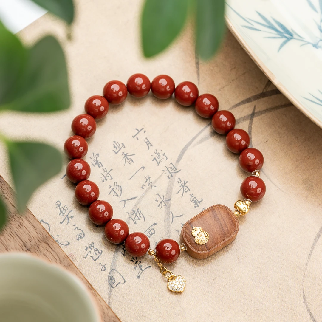 印度老山檀香横纹无事牌南红葫芦单圈手串