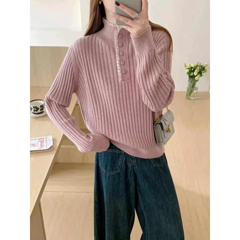 冬季新款竖条蕾丝花边半开领毛衣针织衫百搭时尚长袖