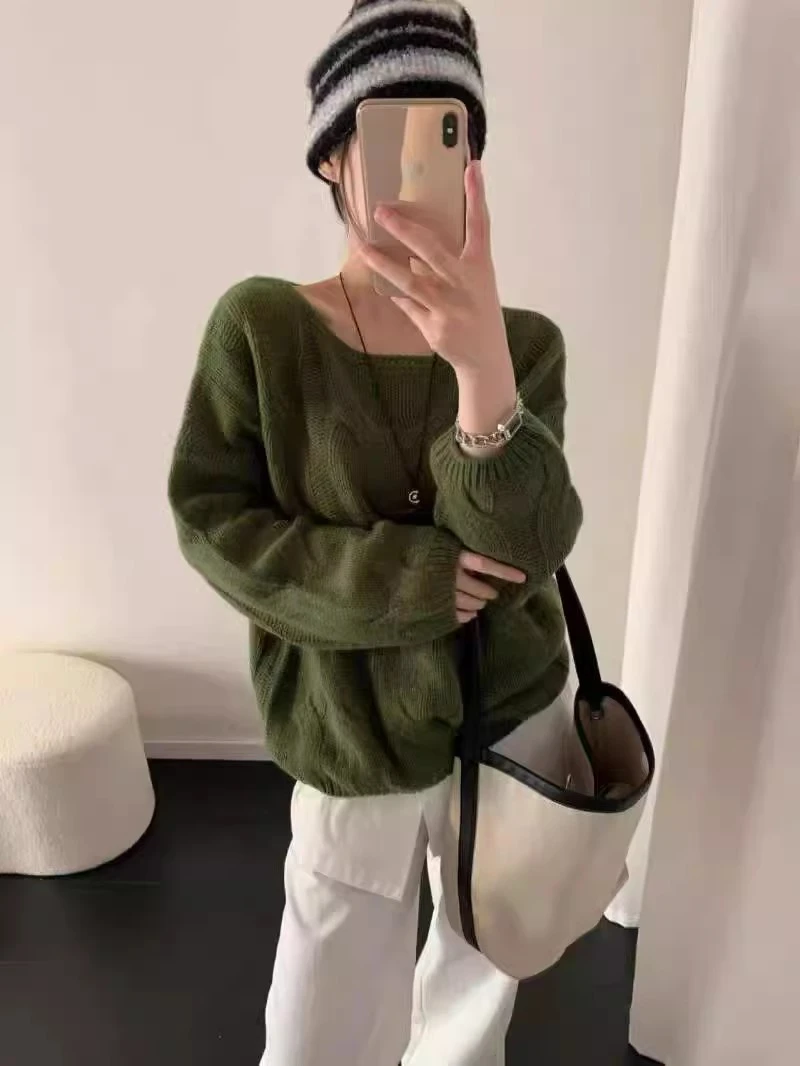 【大麻花-绿】法式慵懒风软糯大花麻针织衫毛衣女2025秋季洋气宽松