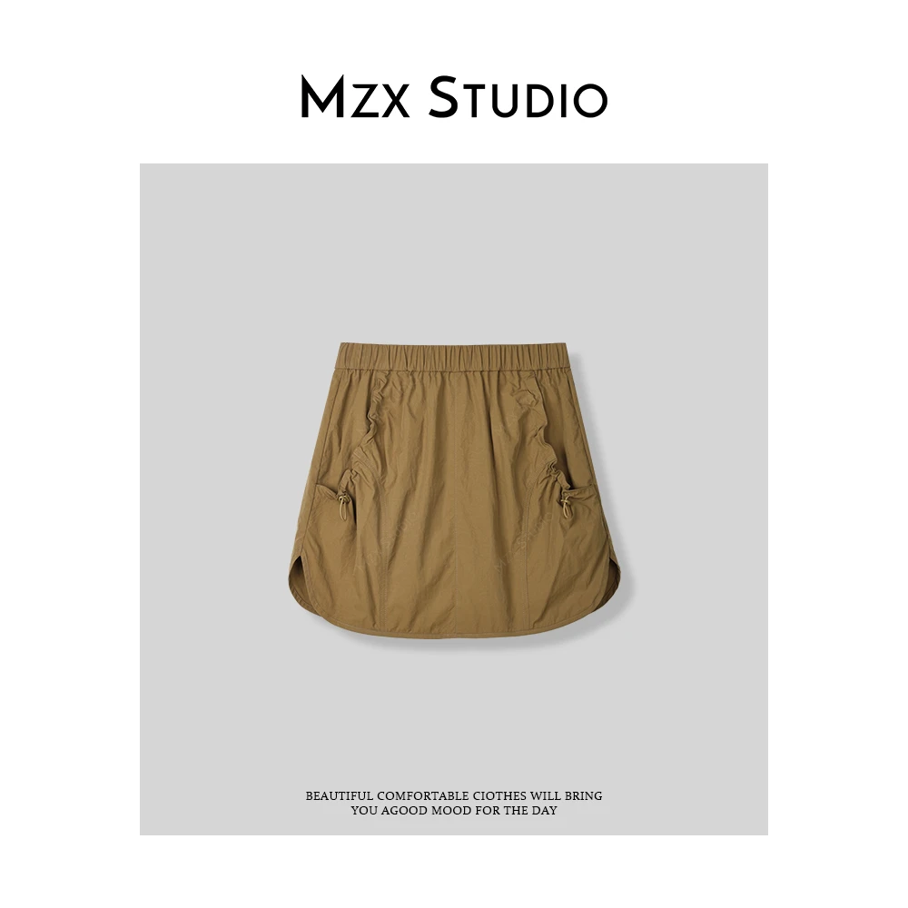 MZX 夏季美式设计感口袋抽褶纯色防走光半裙BQ8236-B