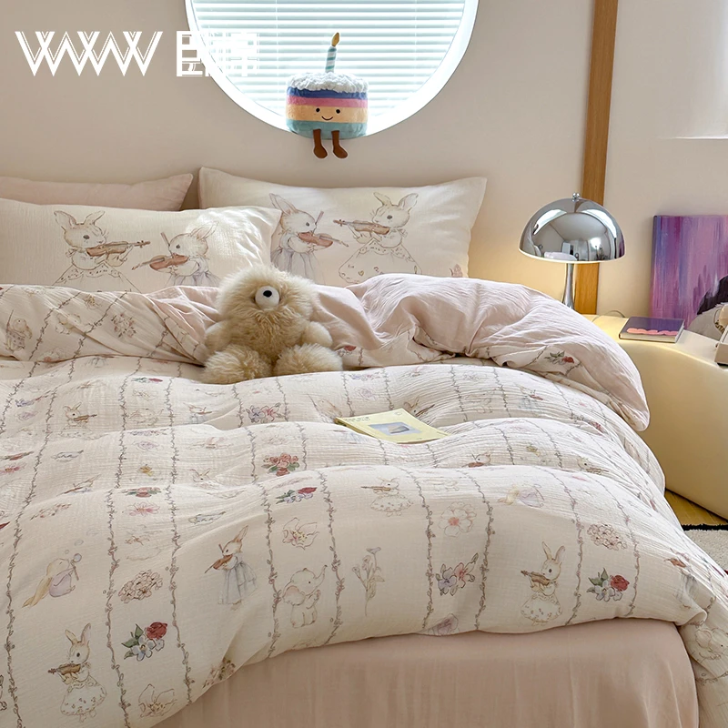 WWW全棉四件套加厚水洗皱皱纱母婴A类卡通印花亲肤柔软碎花A0041