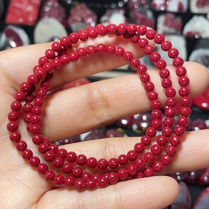 天然辰砂压晶小米珠多圈手链4mm