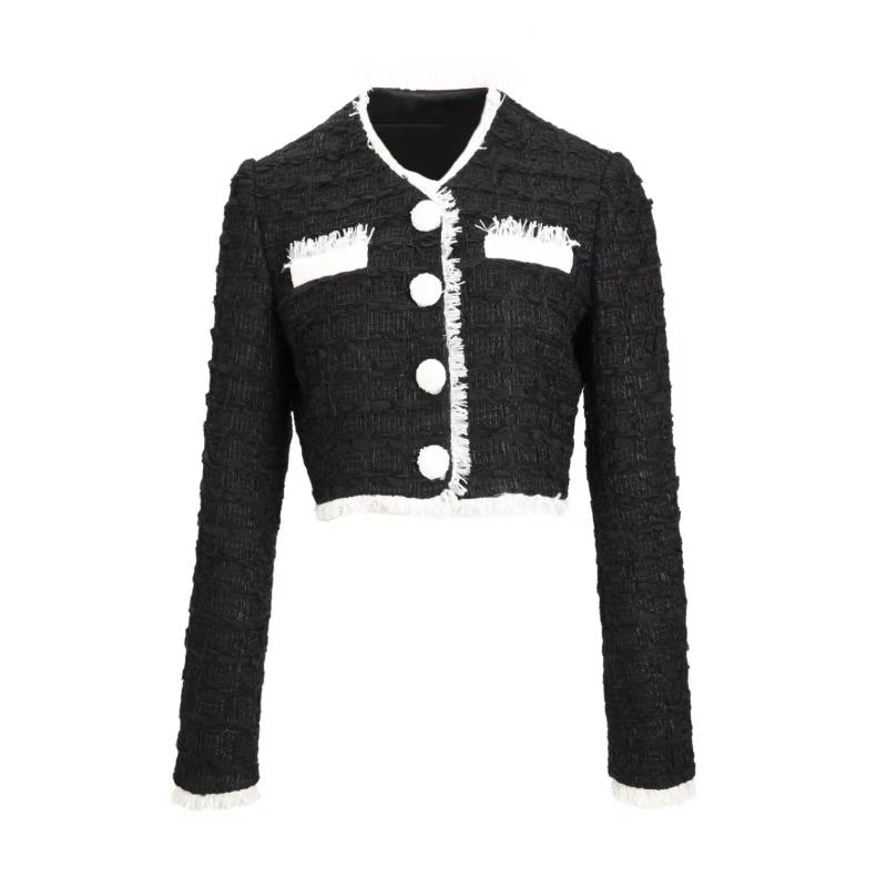 黑白撞色气质复古粗花呢流苏边百搭圆领短款外套0079