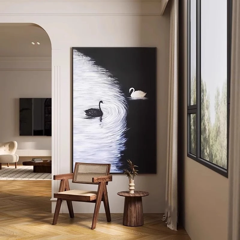 黑白天鹅客厅装饰画简约现代大气砂岩画沙发背景墙壁画高级感挂画