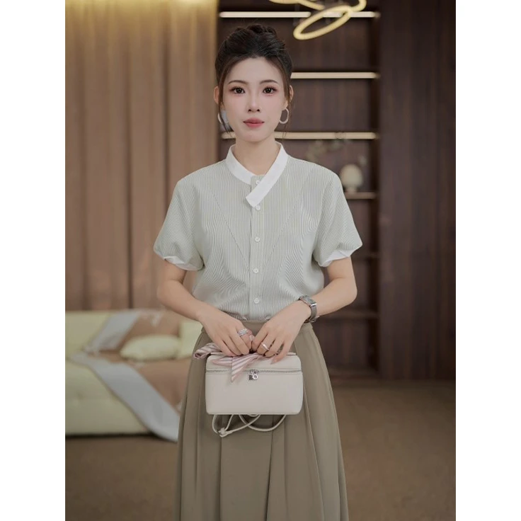 TITI定制【尼斯游记】轻奢气质条纹短袖衬衫宽松显瘦上衣TL3905001