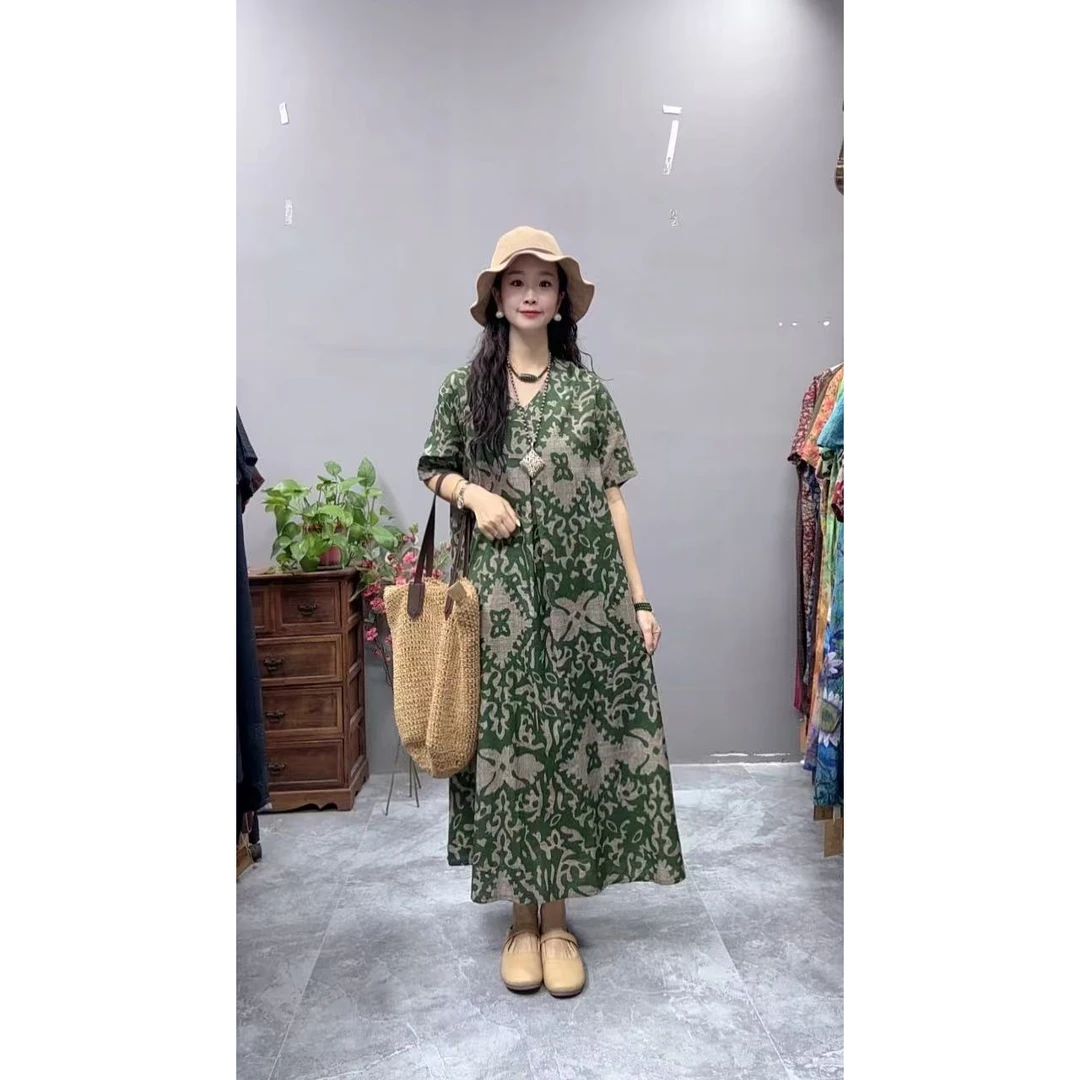 5166夏季新款清凉气质时尚复古遮肚宽松女显瘦百搭V领休闲连衣裙