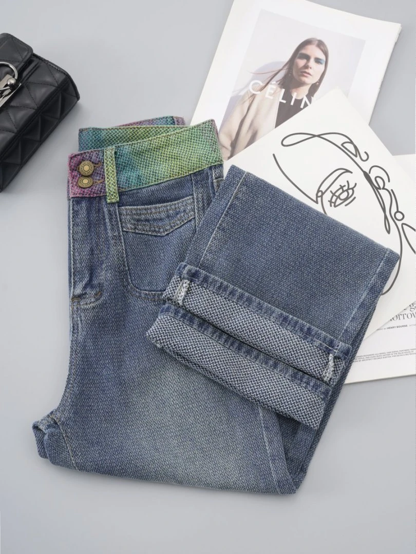 【七彩祥云】直筒裤高腰阔腿裤百搭薄款无弹力彩绘牛仔裤夏季