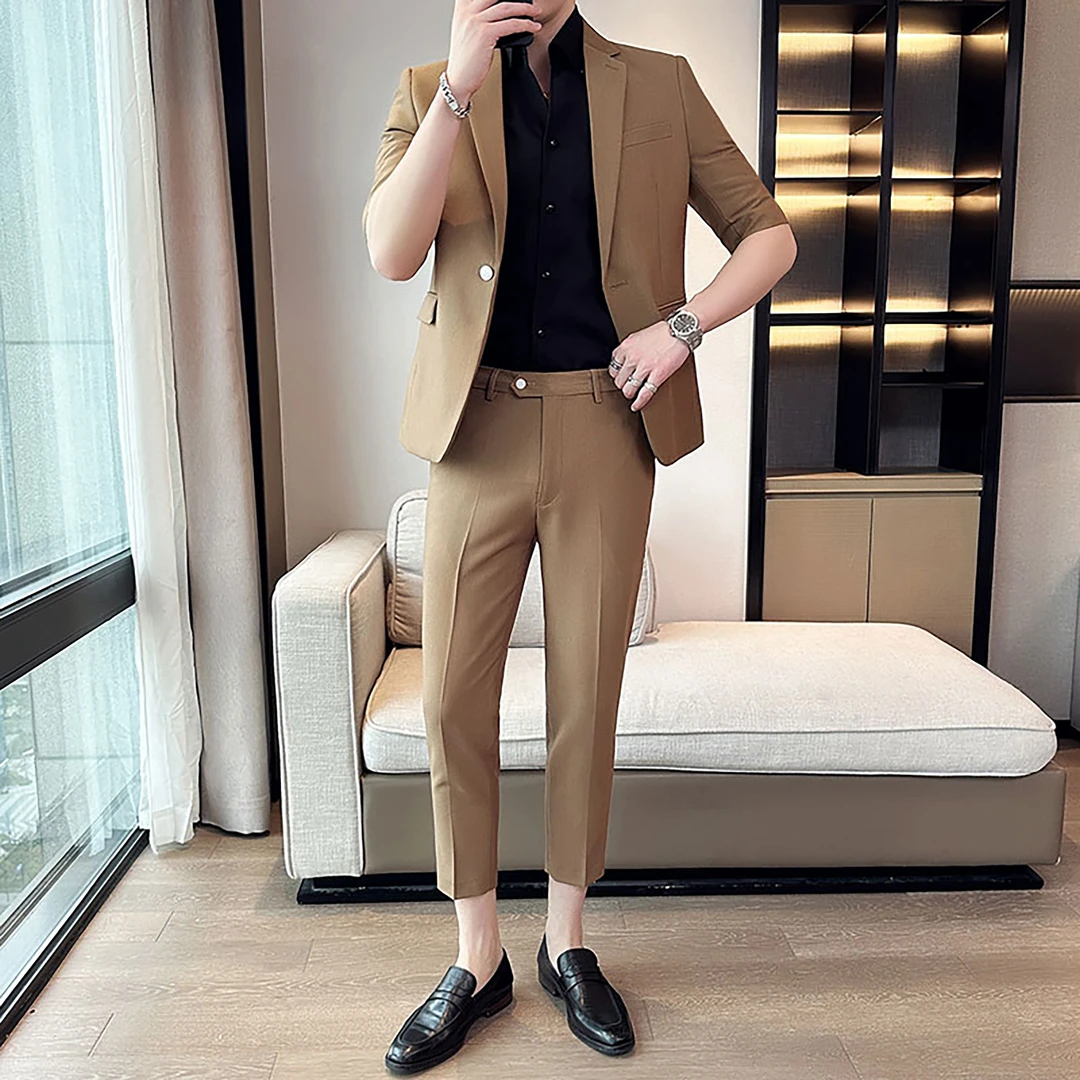 七分袖西装外套男款夏季薄款英伦雅痞风格男装休闲短袖男士小西服