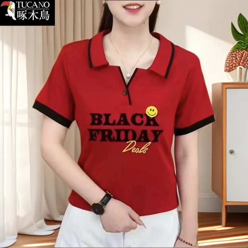 啄木鸟时尚简约POLO领2025年新款字母印花短袖T恤夏季薄款上衣女