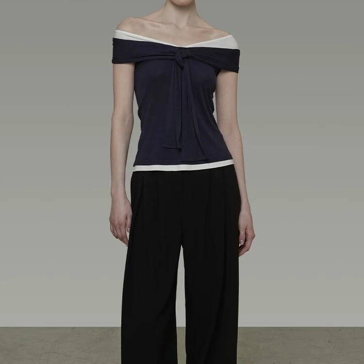 撞色一字肩高级感上衣4b6