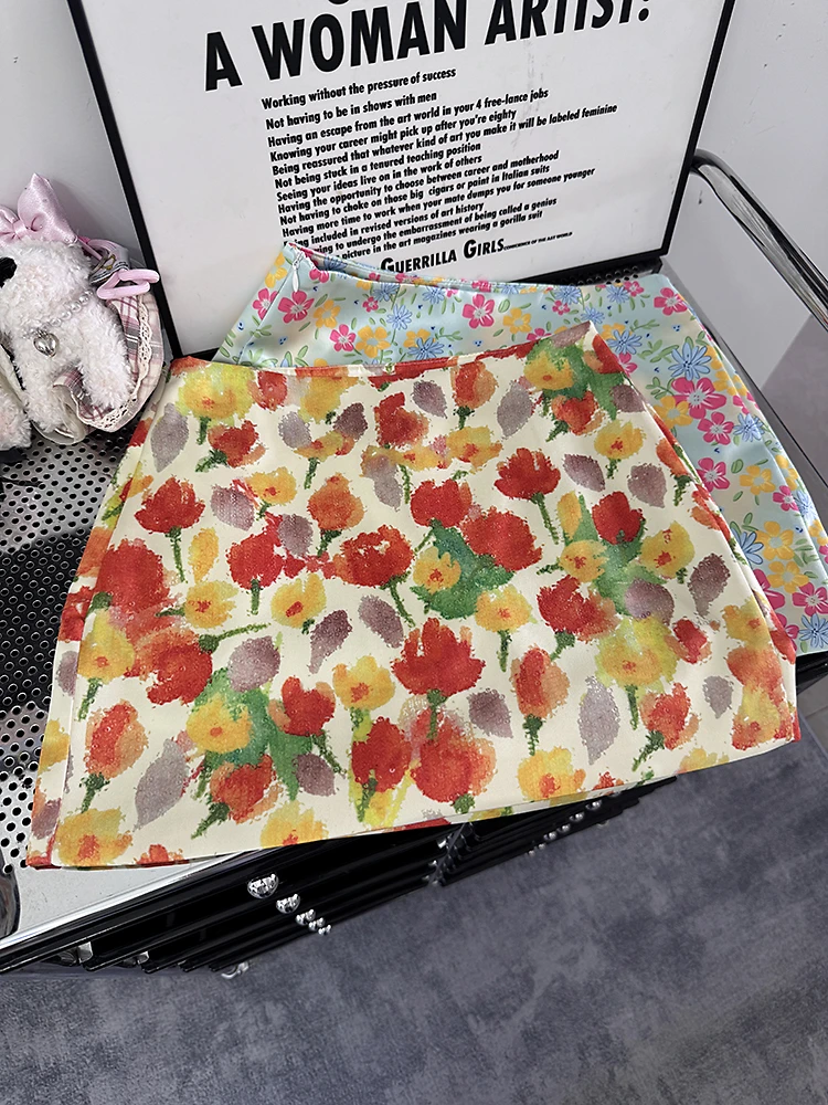 植物系月光裙油画感印花包臀短裙女夏季低腰显瘦半身裙