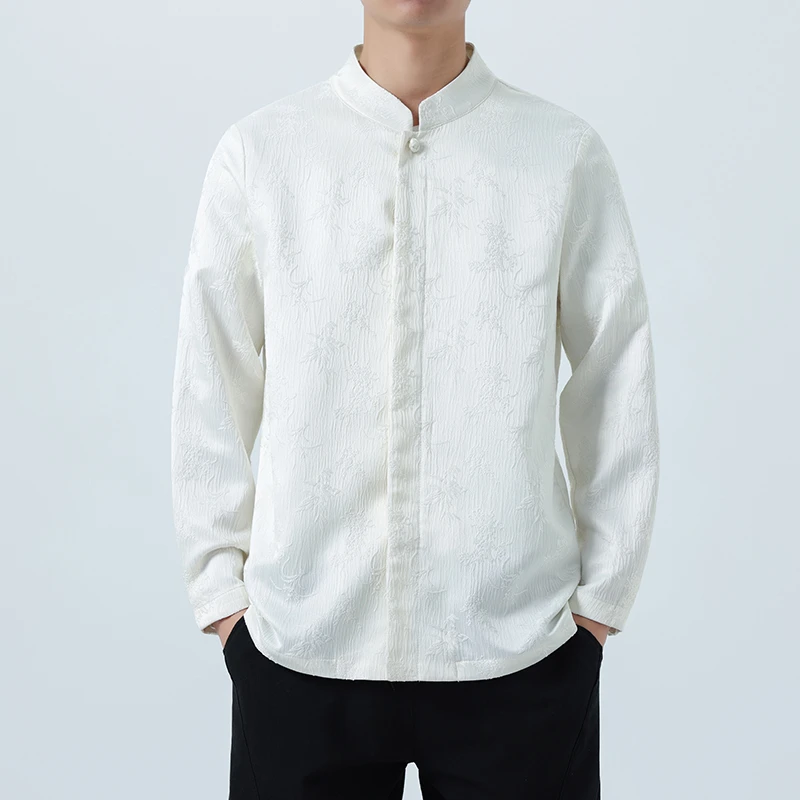 唐装男外套春秋季新中式立领茶服长袖衬衫中国风提花宽松汉服衬衣
