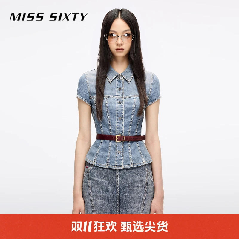 Miss Sixty2025新款牛仔衬衫短袖翻领拼裁收腰设计短款上衣流光风