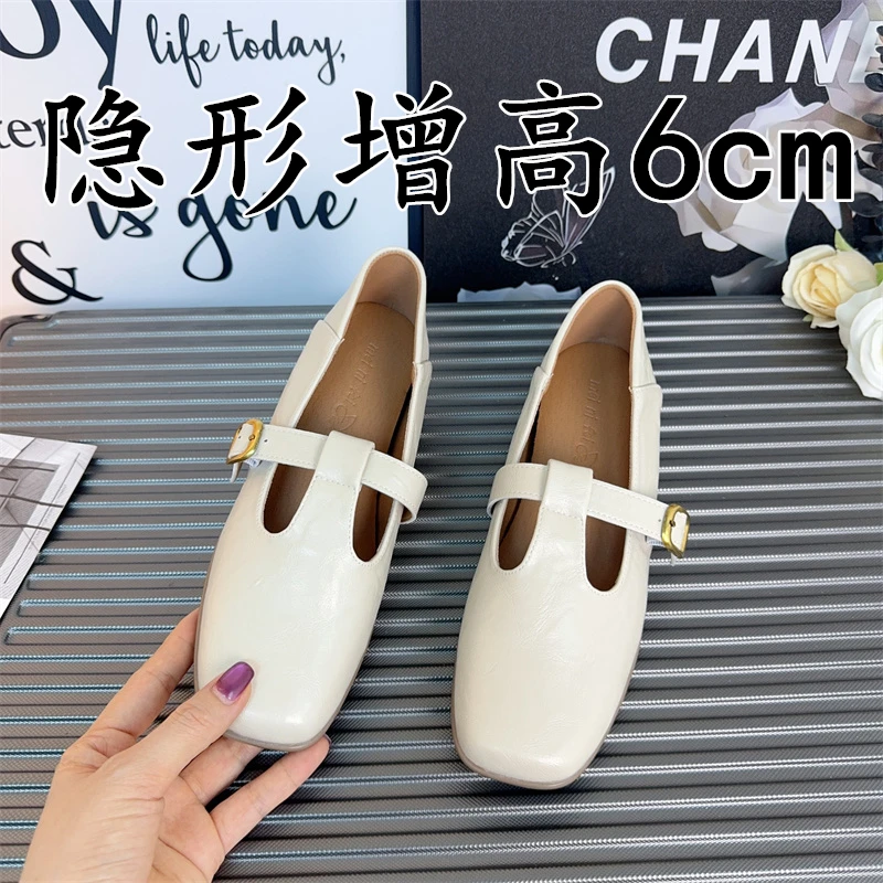 羊皮版内增高6cm小众复古百搭玛丽珍鞋配裙子T字扣浅口法式单鞋