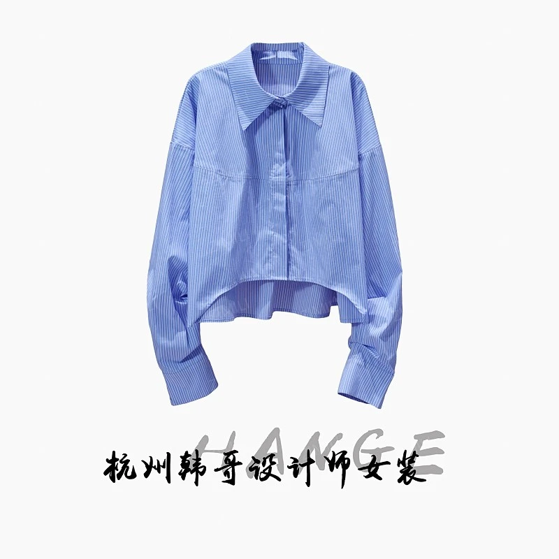 【韩哥女装】设计师《山泼黛，水挼蓝》经典蓝白竖条纹廓形衬衫6037