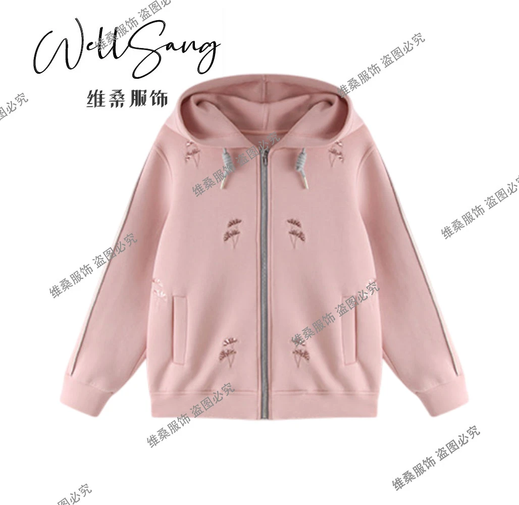 【WHLSANDER】40-60岁精致女性 重工亮片刺绣烫钻连帽拉链外套#8063