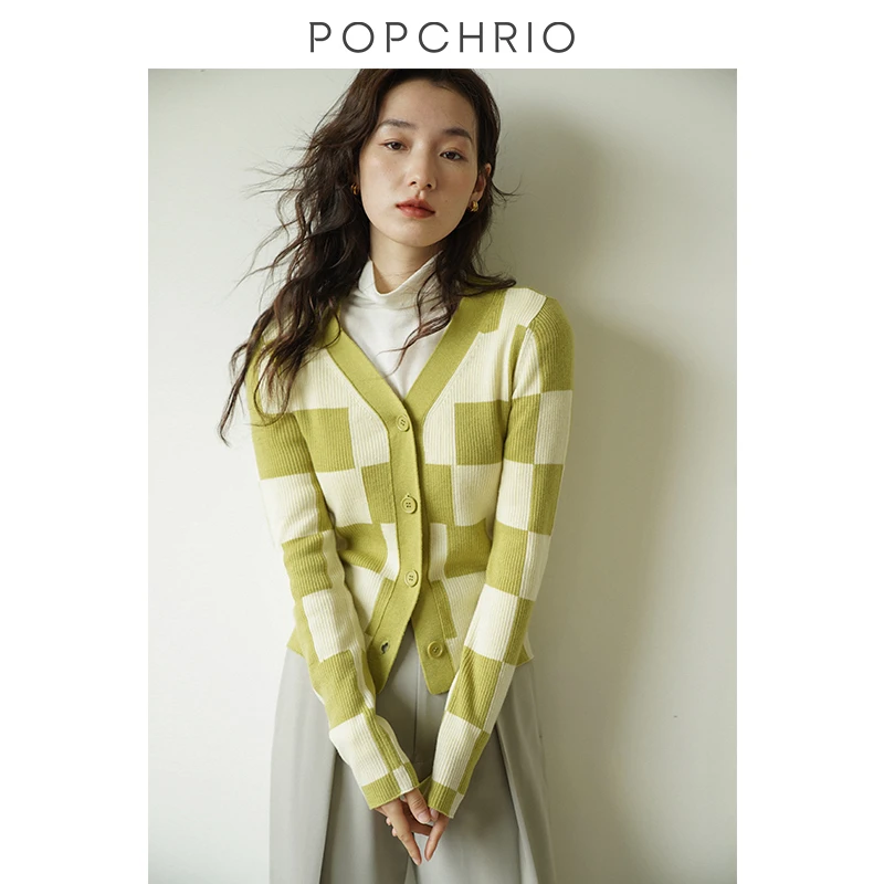 POPCHRIO欧可芮不规则撞色格纹针织上衣小众毛衣开衫外套女