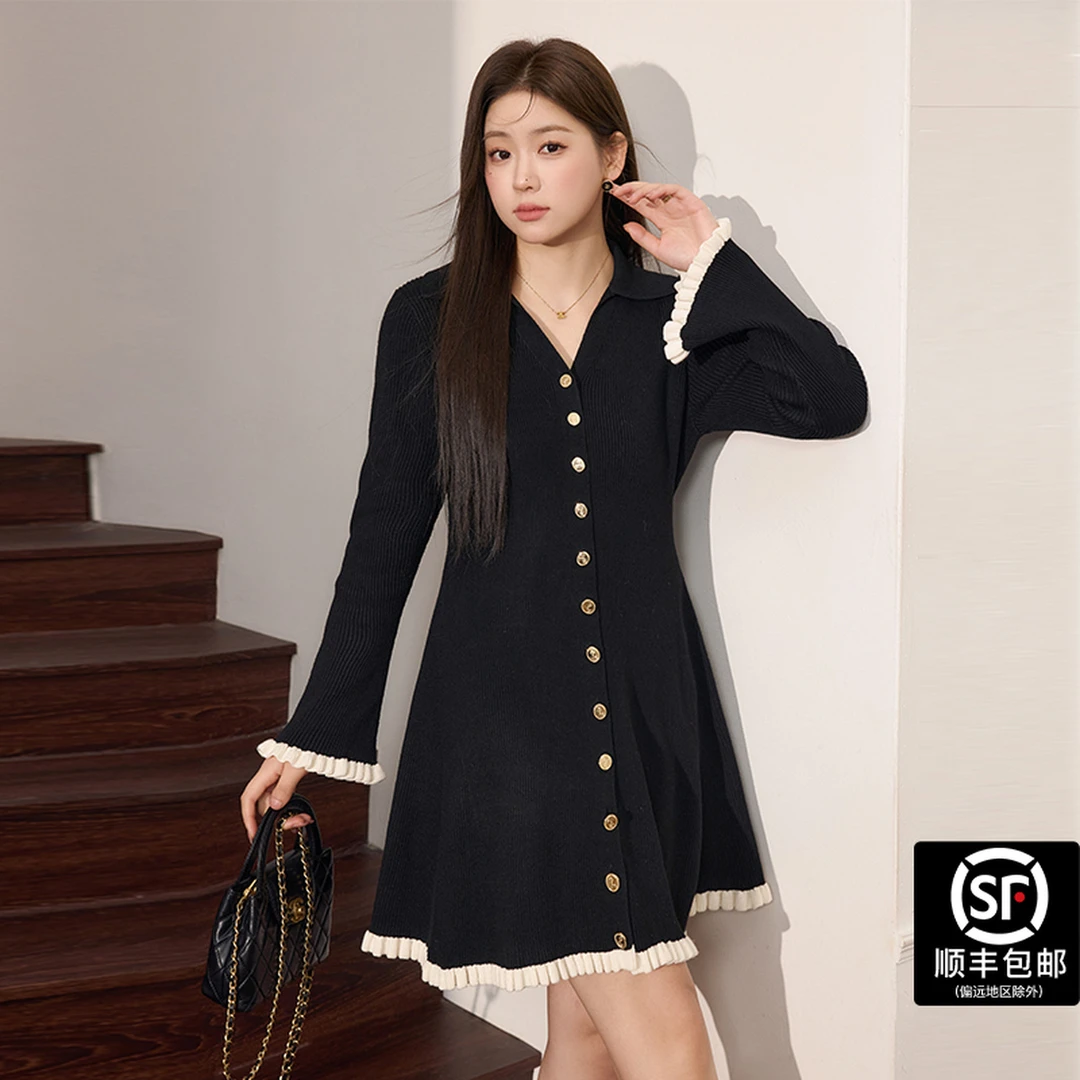 蓝语大码女装法式优雅撞色短款毛衣裙冬季新款收腰显瘦内搭连衣裙