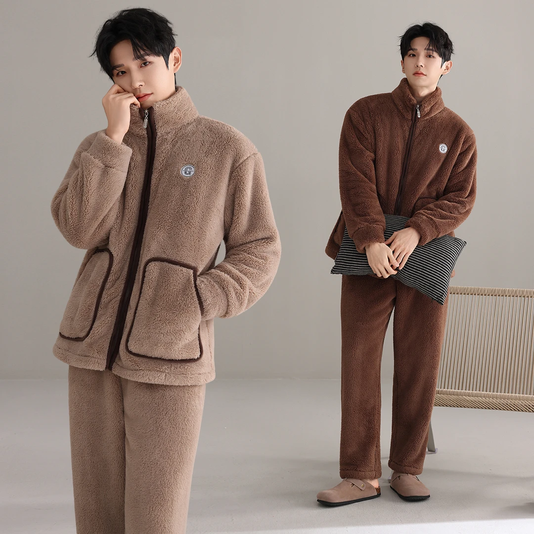 冬季款男士轻奢睡衣加绒加厚珊瑚绒休闲立领保暖套装家居服可外穿