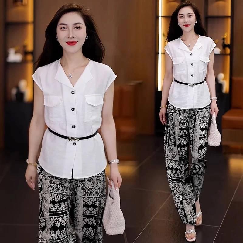 时尚套装女2025夏季新款洋气显瘦短袖V领衬衫印花阔腿裤两件套潮