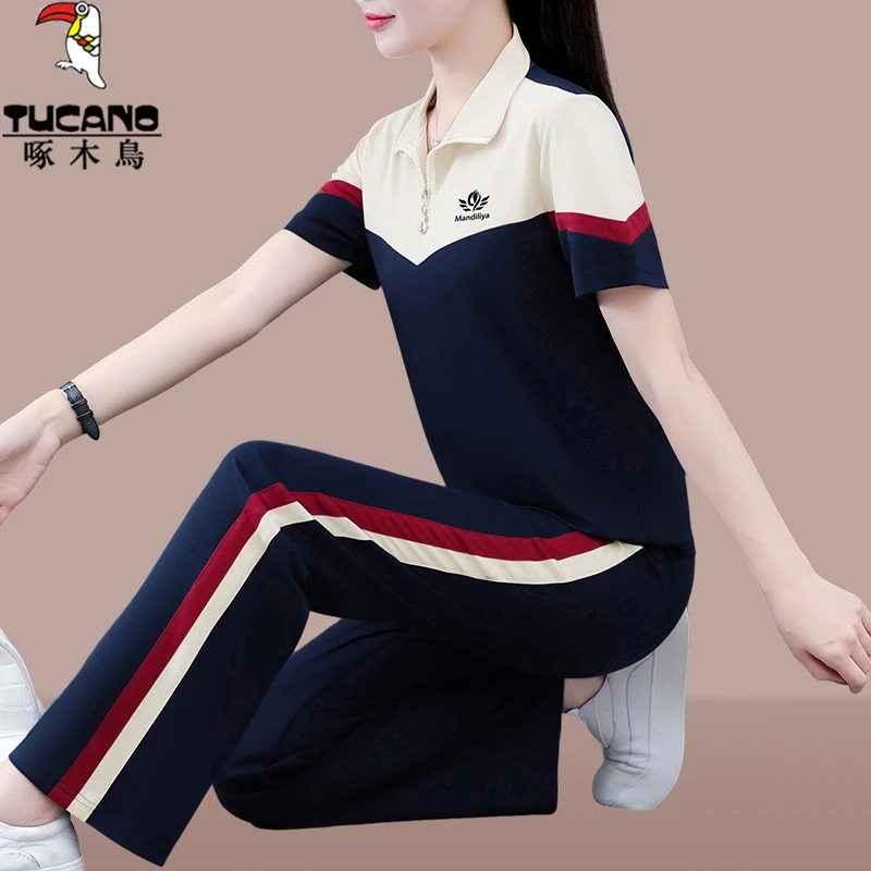 【官方】啄木鸟夏季运动服套装女2025新款冰丝短袖长裤休闲服两件套