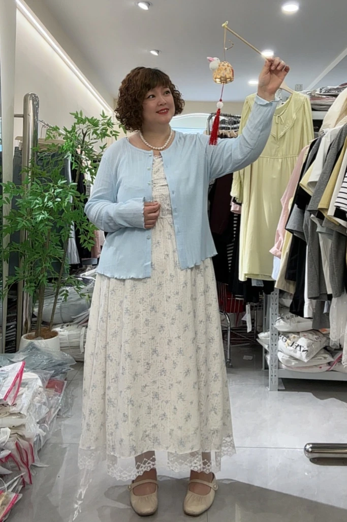 066法式超仙温柔风针织开衫碎花吊带裙套装春季胖mm大码连衣裙潮
