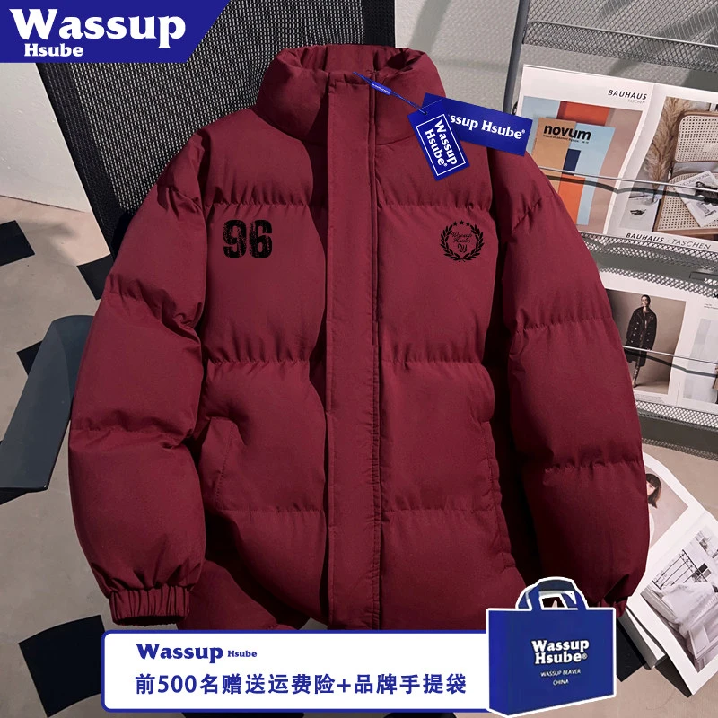 WASSUP HSUBE秋冬季防风拉链时尚酒红加厚外套数字印花潮流男棉服
