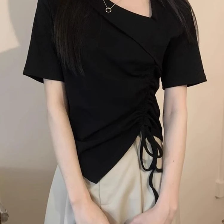 设计感不规则抽绳短袖T恤女夏2025大码遮肉显瘦小众收腰v领上衣潮