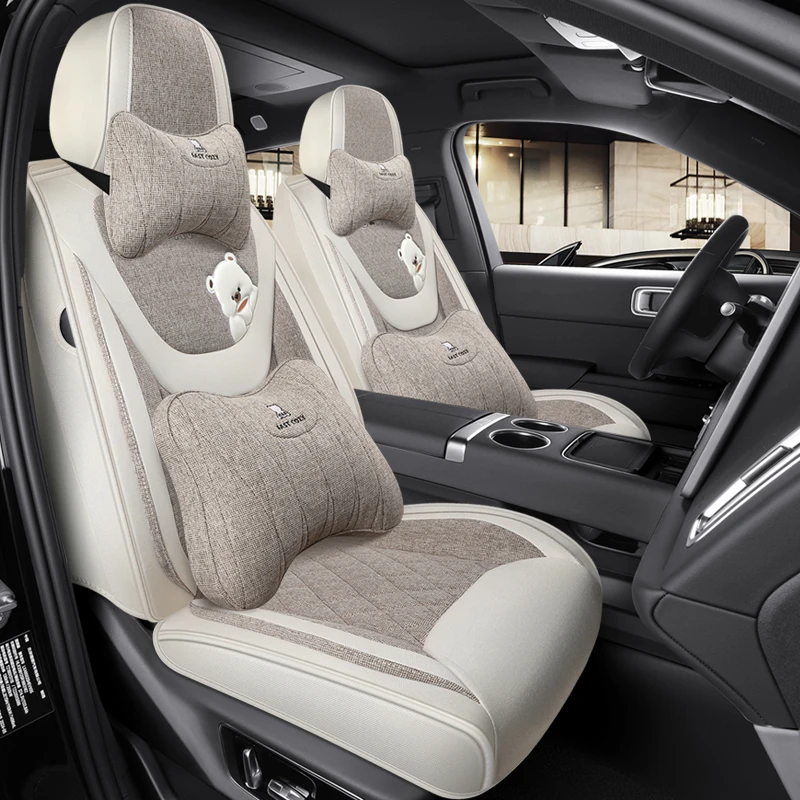 新款棉麻布艺四季通用汽车坐垫卡通女士可爱全包围亚麻透气座椅套