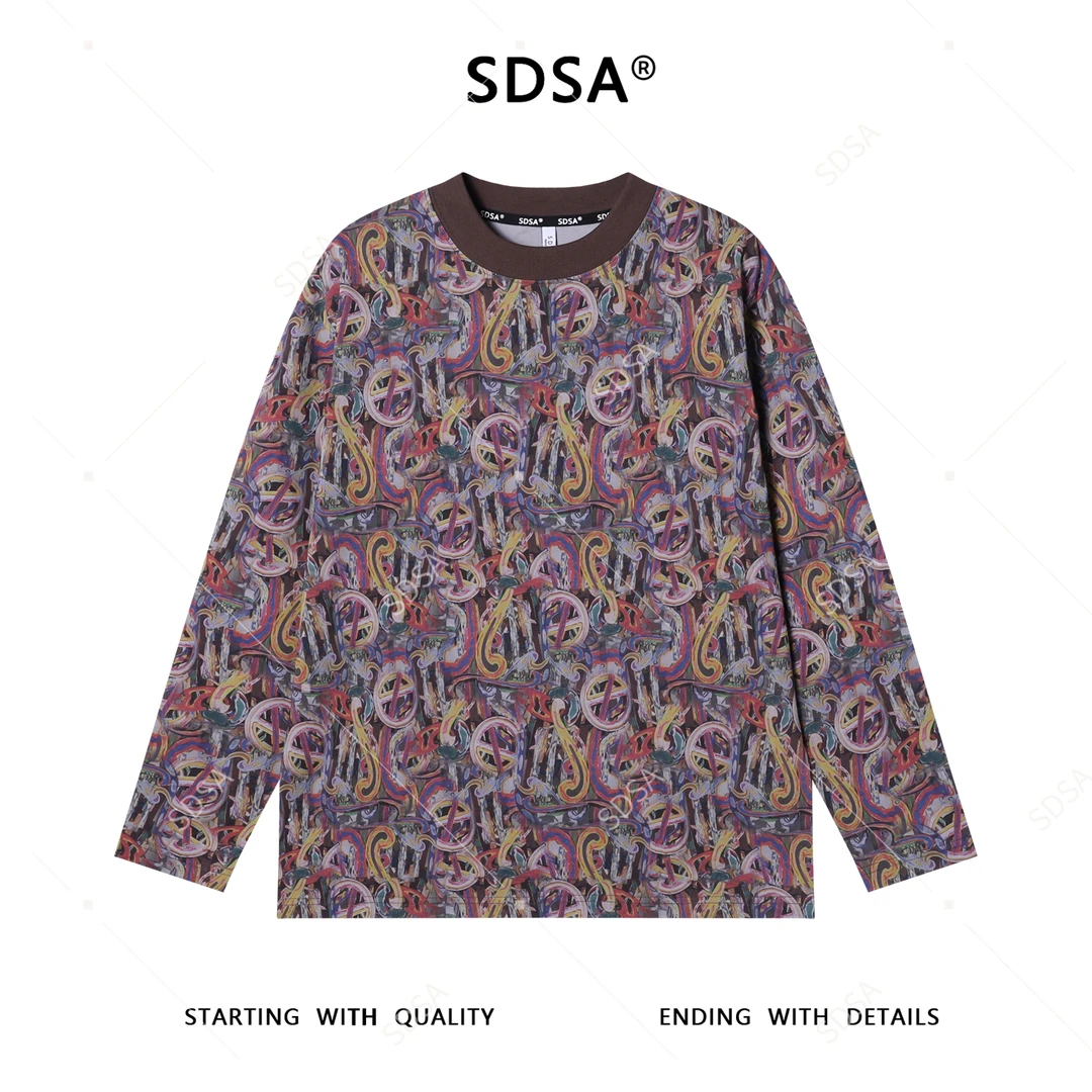 SDSA男士秋冬新款痞帅男装潮牌抽象涂鸦圆领长袖T恤满印宽松上衣