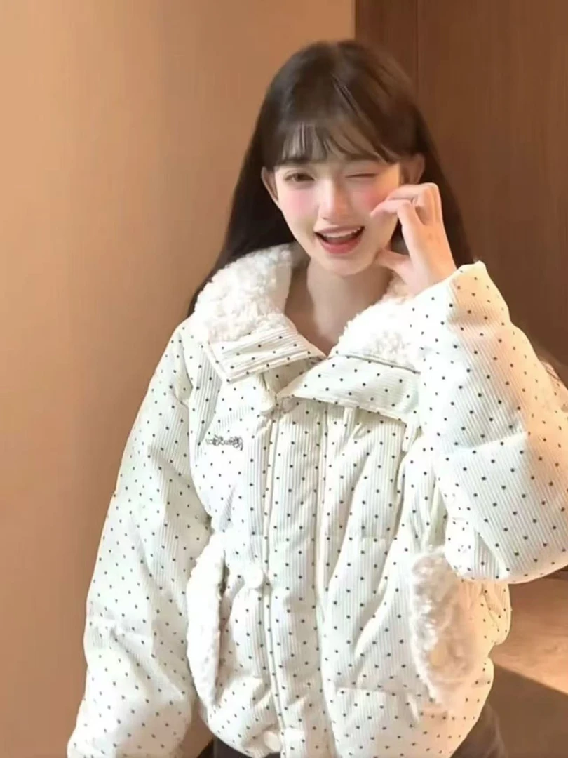 韩系设计波点棉服毛领冬季甜美新款加厚宽松棉袄外套面包短款棉服