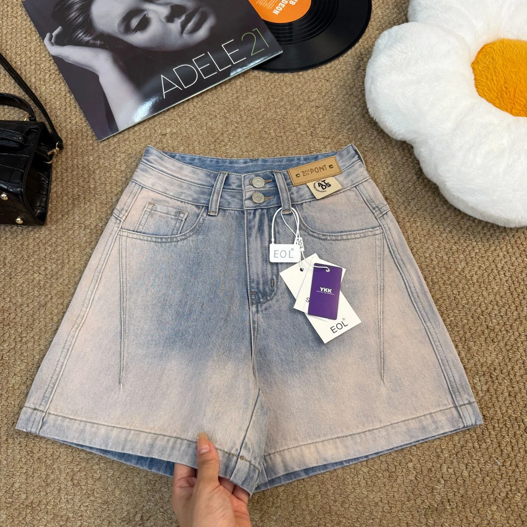 2025夏季薄款双腰头设计款牛仔短裤四分裤百搭阔腿宽松牛仔裤7020