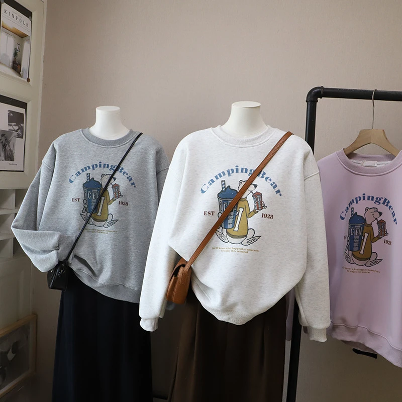 [比正]2025秋冬新款韩版圆领字母卡通印花加绒加厚显瘦卫衣女5734